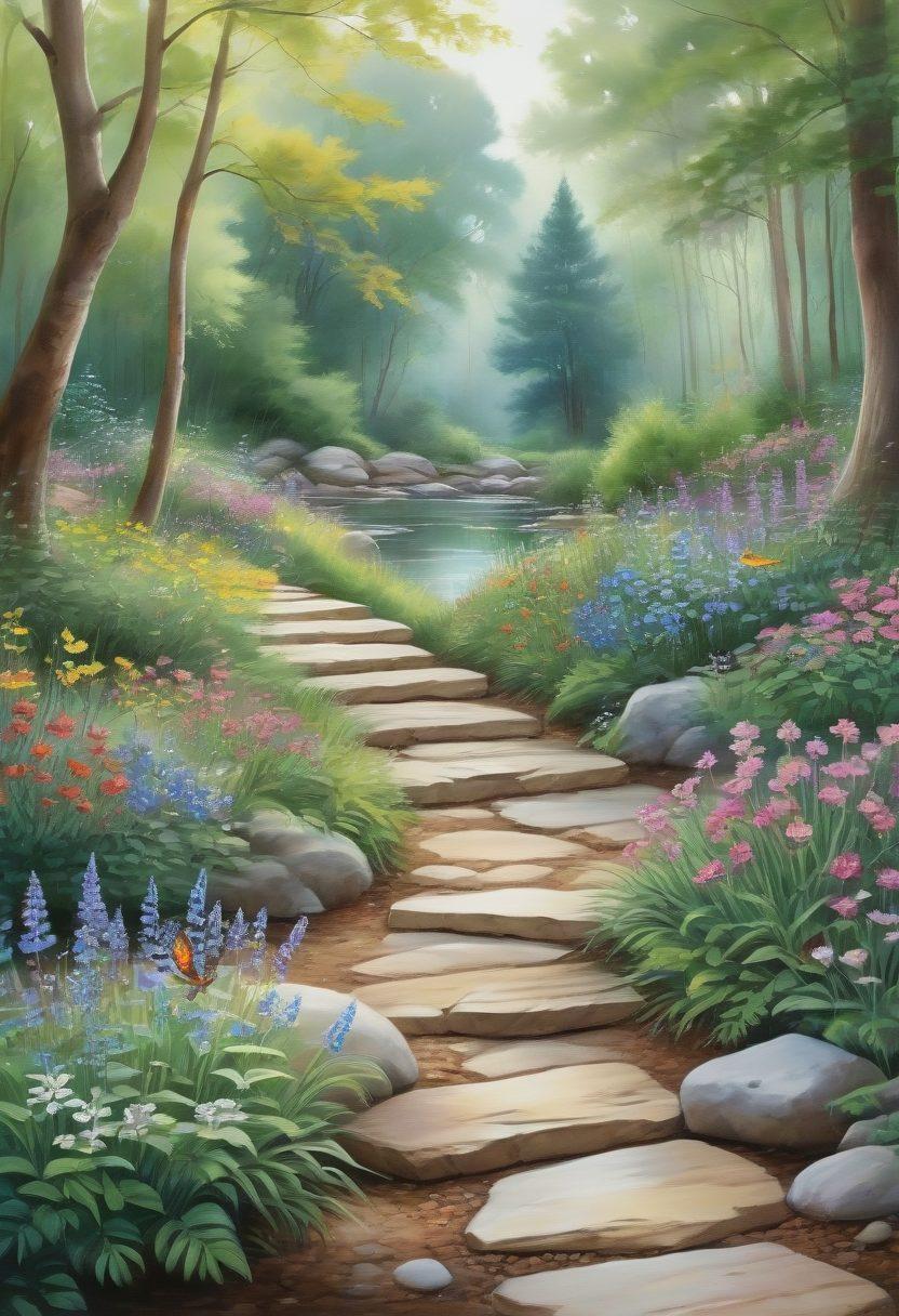 A serene forest scene with a gentle flowing river, featuring a biodegradable urn surrounded by wildflowers and soft sunlight filtering through the trees. Add a pathway made of natural stones leading toward a peaceful gathering space. Include hints of wildlife, such as birds and butterflies, to evoke a sense of tranquility and reverence for nature. soft pastel colors. serene atmosphere. watercolor style.