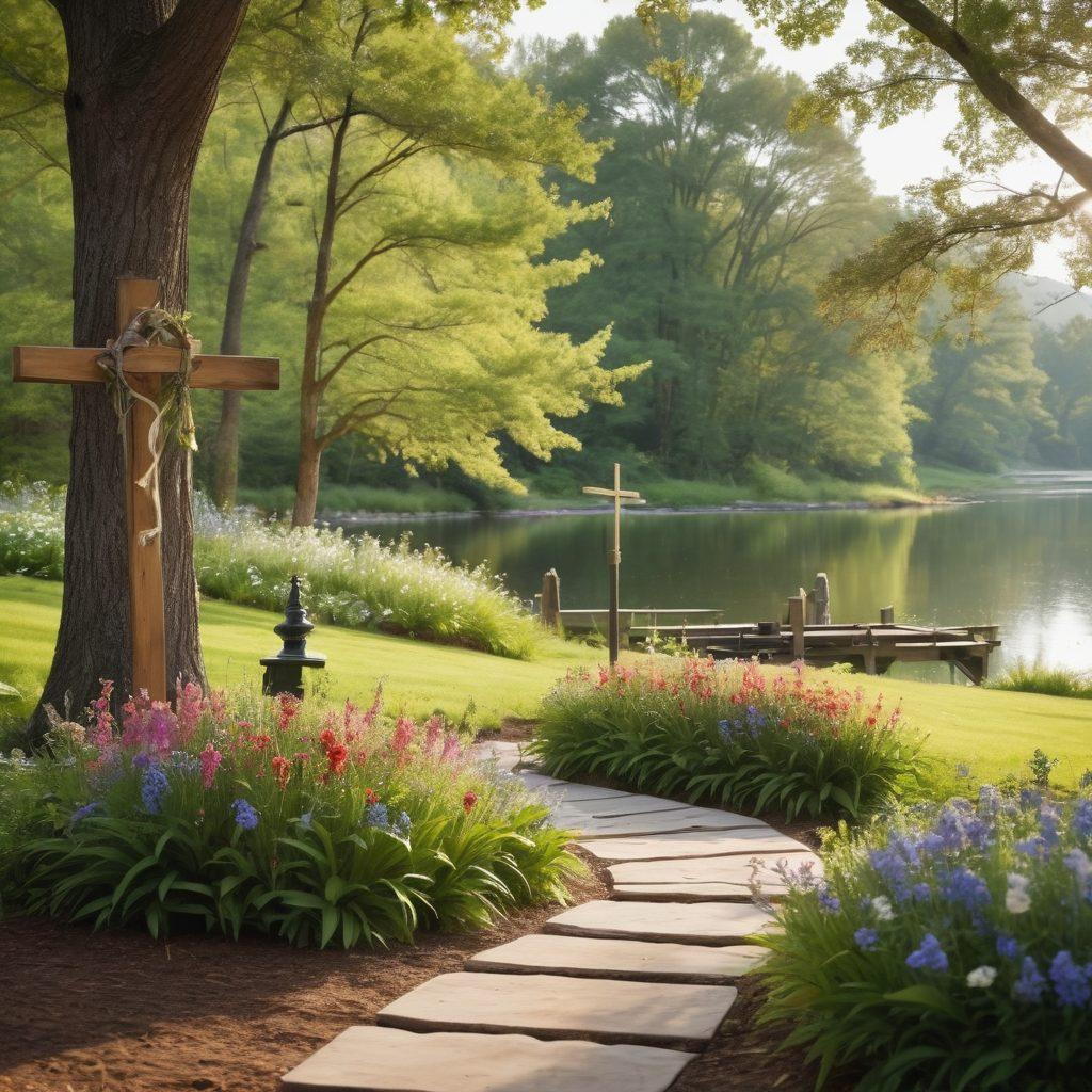 A serene outdoor scene featuring a small, nature-friendly memorial service with biodegradable elements like a wooden cross, wildflowers, and a gentle breeze. Soft, warm lighting enhances the atmosphere, with guests dressed in earth-toned attire. A picturesque backdrop of lush greenery and a tranquil lake conveys peace and remembrance. super-realistic. vibrant colors. natural lighting.