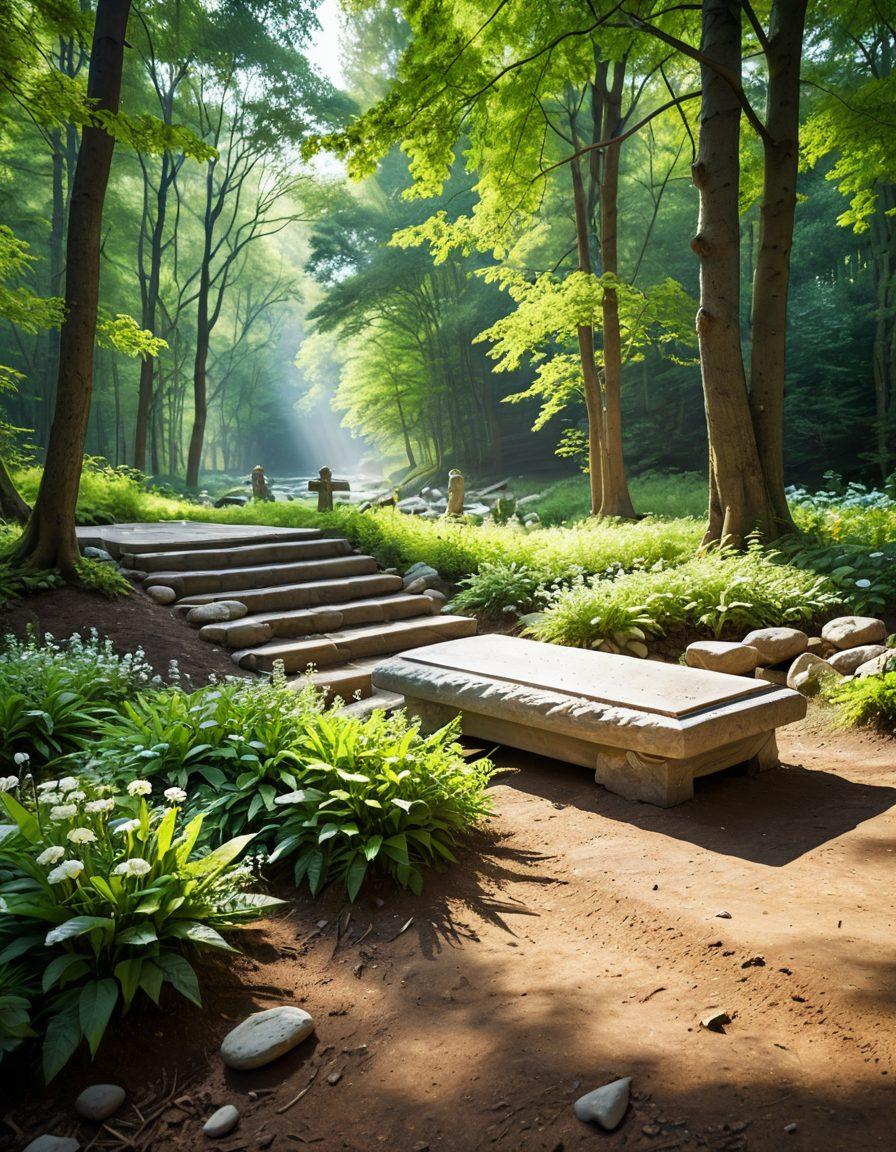 A serene forest landscape with soft sunlight filtering through lush green trees, cradling a peaceful grave adorned with biodegradable flowers and natural stones. A gentle stream runs nearby, symbolizing the cycle of life. In the background, a small eco-friendly funeral service sign blends harmoniously with nature. The atmosphere radiates tranquility and respect for the earth. vibrant colors. super-realistic. nature-inspired.